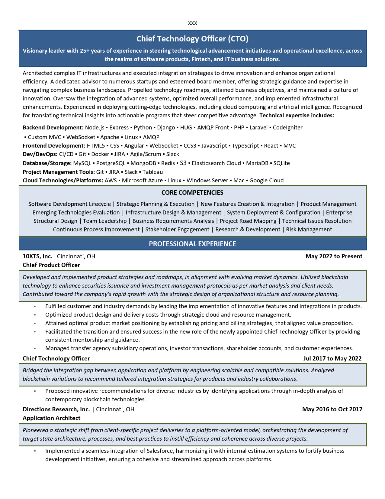 Chief Technology Officer ( CTO) Resume Example