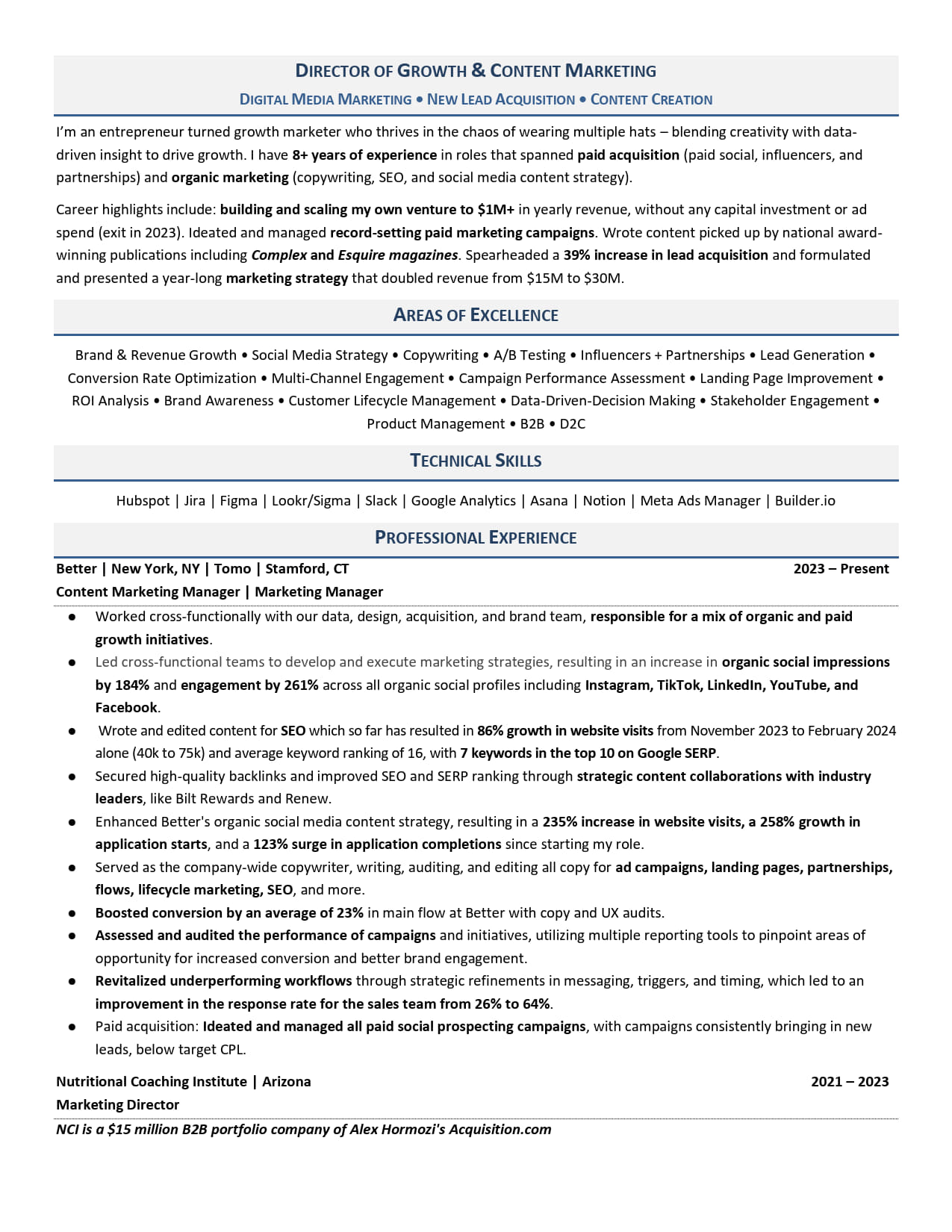 Content Marketing Manager Resume Example