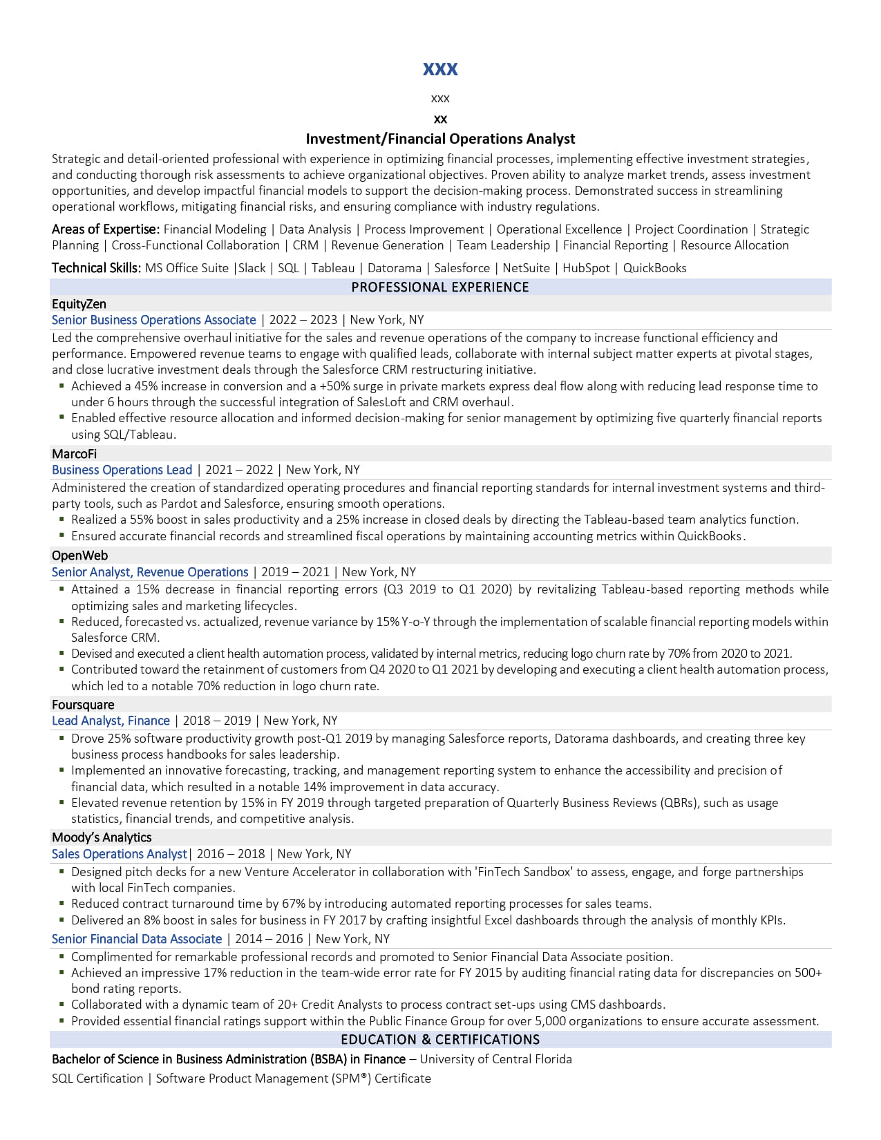 Investment & Financial Operations Analyst Resume Example
