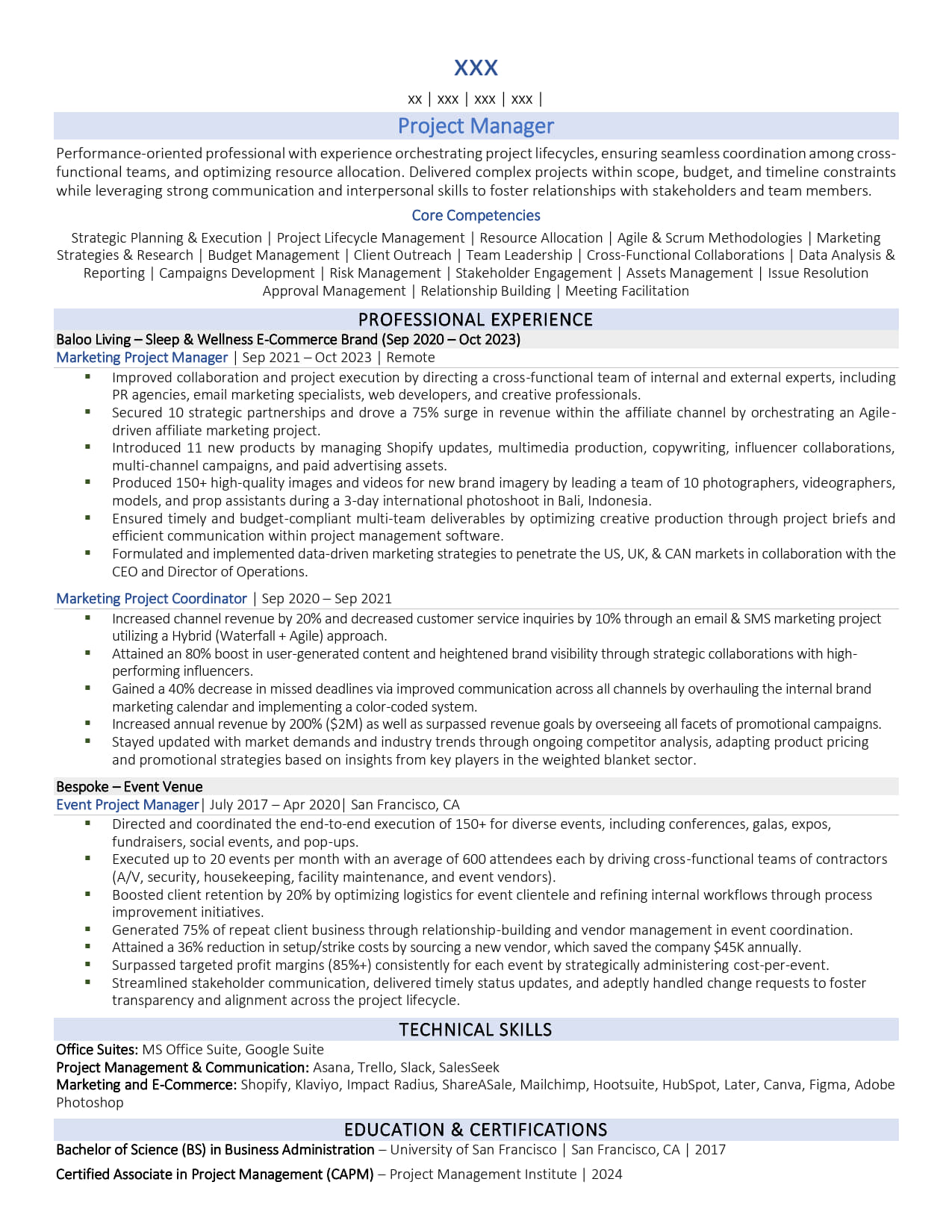 Project Manager Resume Example