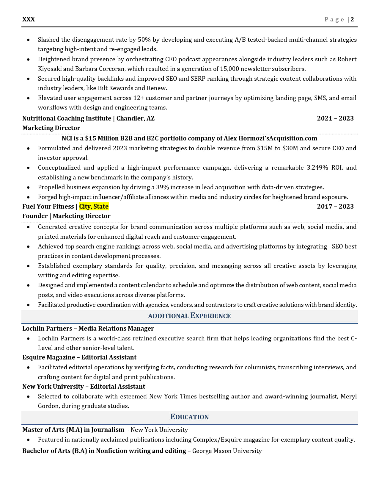 Senior Content Marketing Manager Resume Example