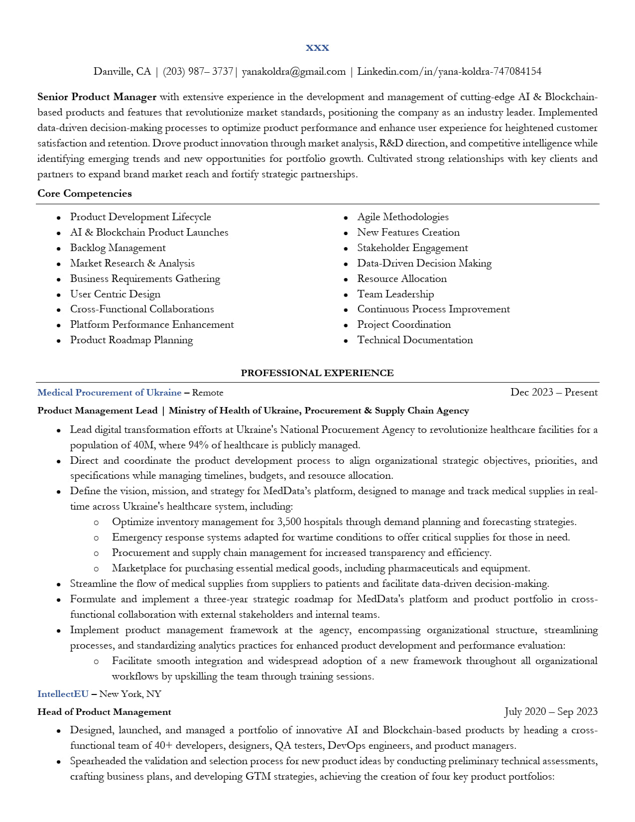 Senior AI & Blockchain Product Manager Resume Example