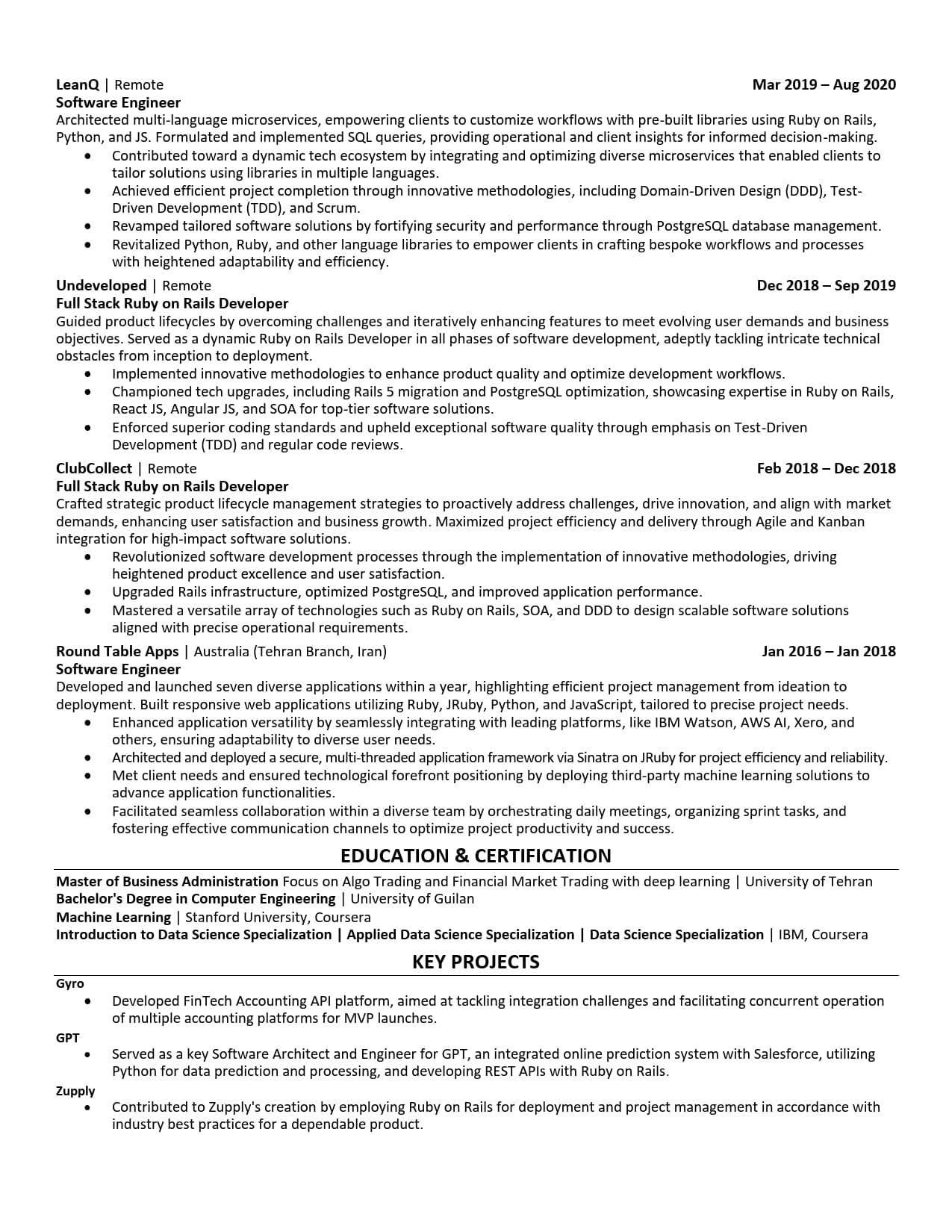 Senior Full Stack Engineer Resume Example