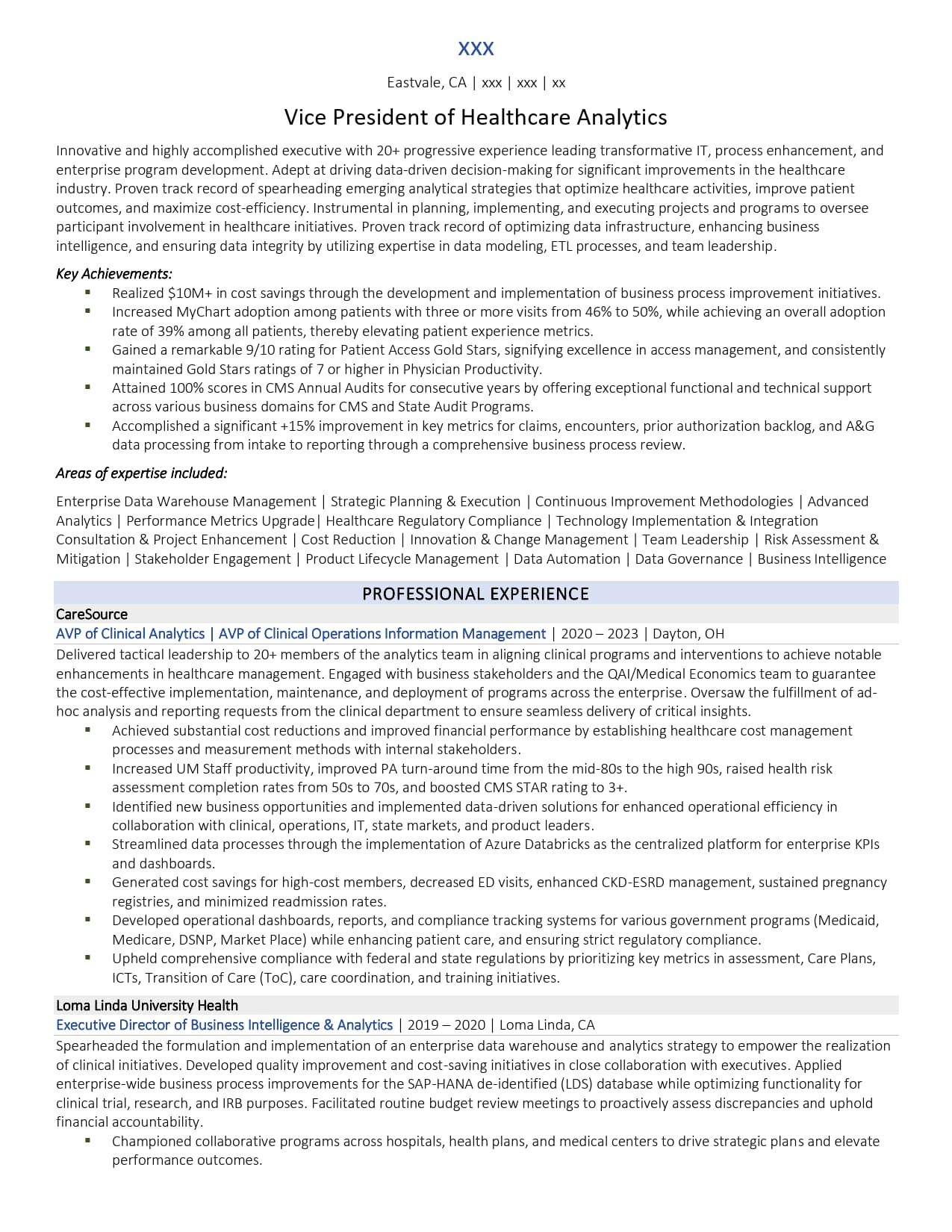 Vice President of Healthcare Analytics Resume Example