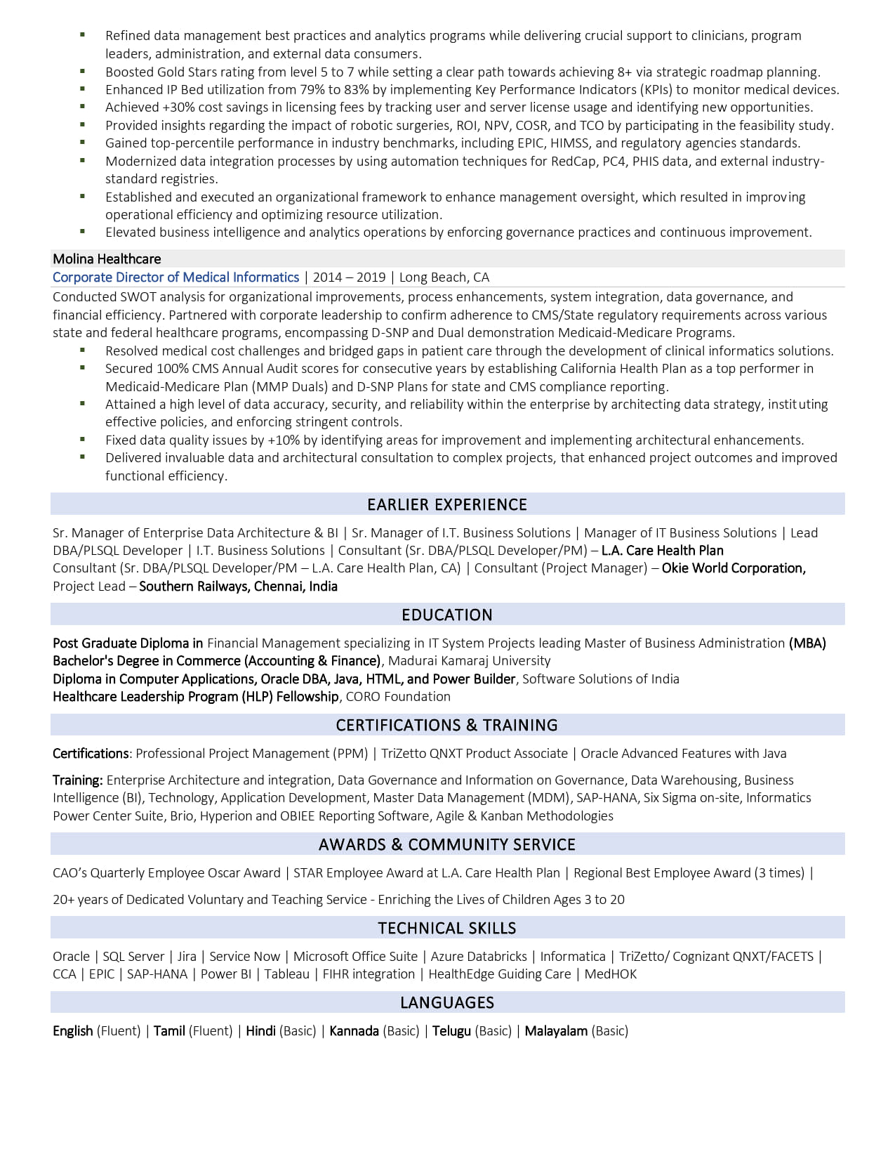 Vice President of Healthcare Analytics Resume Example